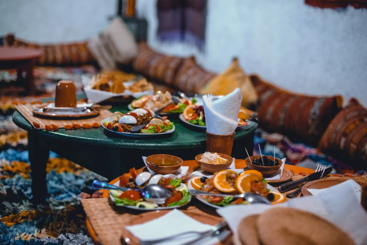 Colorful Moroccan dishes prepared for a private villa meal